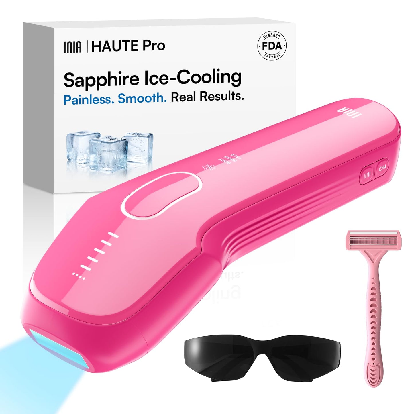 INIA Laser Hair Removal with Ice-Cooling Care for Women and Men, HAUTE Pro Painless at-Home IPL Hair Remover for Coarse Hair in Bikini All Body Areas, Latest Generation for Effective Results (Pink)