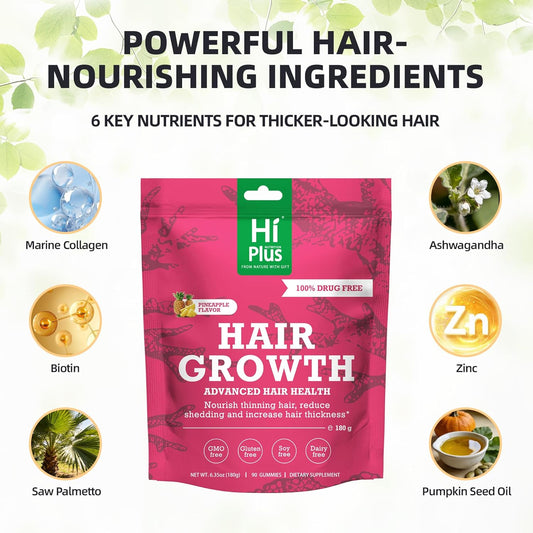 Hair Growth Gummies for Men and Women, Hair Growth Vitamins with Biotin, Collagen, Vitamin C, Iron & Zinc, Supports Thicker-Looking, Stronger Hair, Pineapple Flavor, 90 Gummies, 45 Day Supply