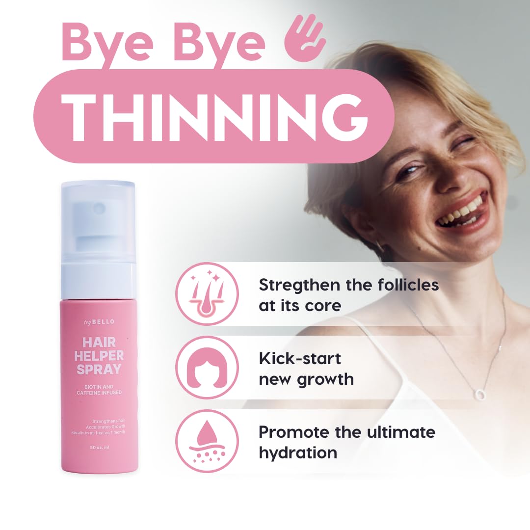 Trybello Hair Helper Spray - Growth Serum With Biotin & Castor Oil - Caffeine Infused Treatment for Thicker, Fuller Hair - Repair Thinning Naturally - Vegan, Cruelty-Free Formula