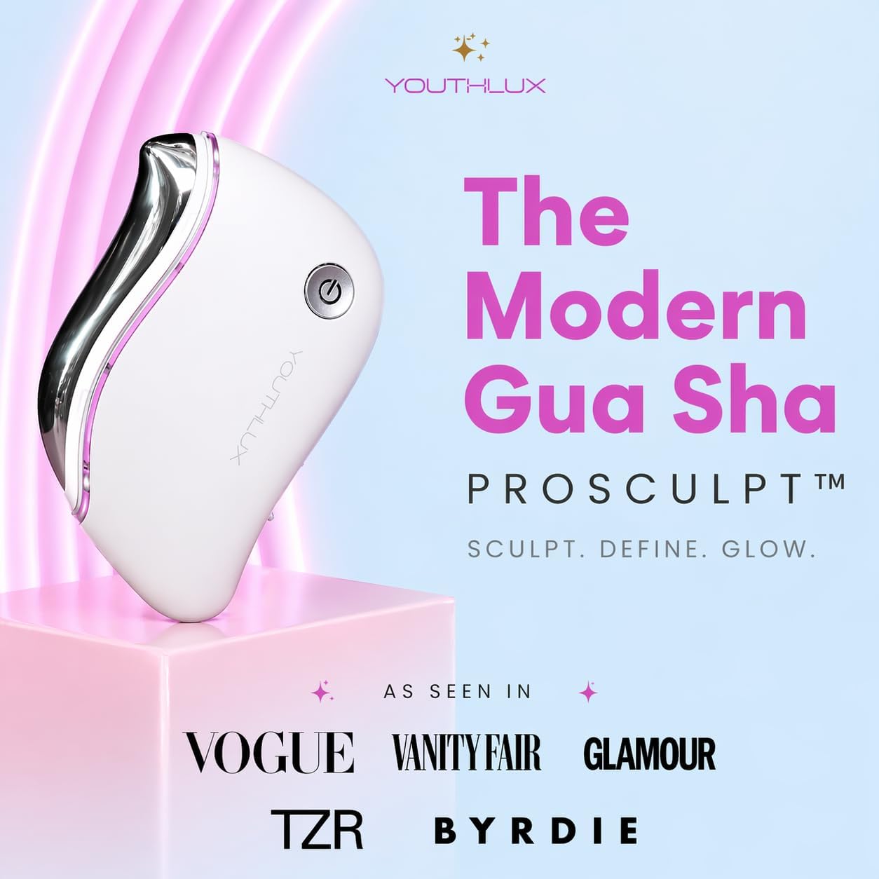 ProSculpt Heated Gua Sha Facial Massager – Electric Guasha Tool for Face Sculpting, Relaxation & Skincare | Soothing Vibration Facial Massage Tool with Contoured Design (White)