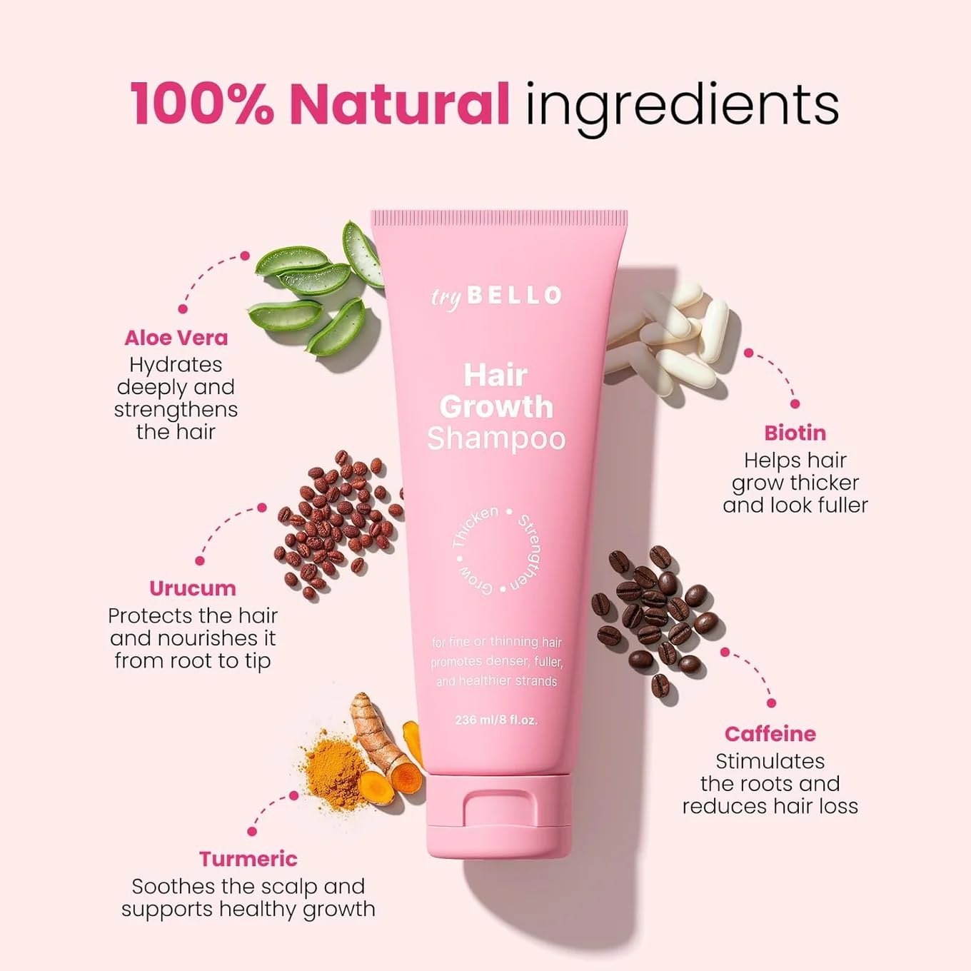 Trybello Hair Growth Shampoo | Natural Thickening & Scalp Detox | Sulfate Free, Vegan, Anti-Hair Fall Formula | Caffeine, Aloe Vera, Turmeric, and Urucum Extract | For Any Hair Type