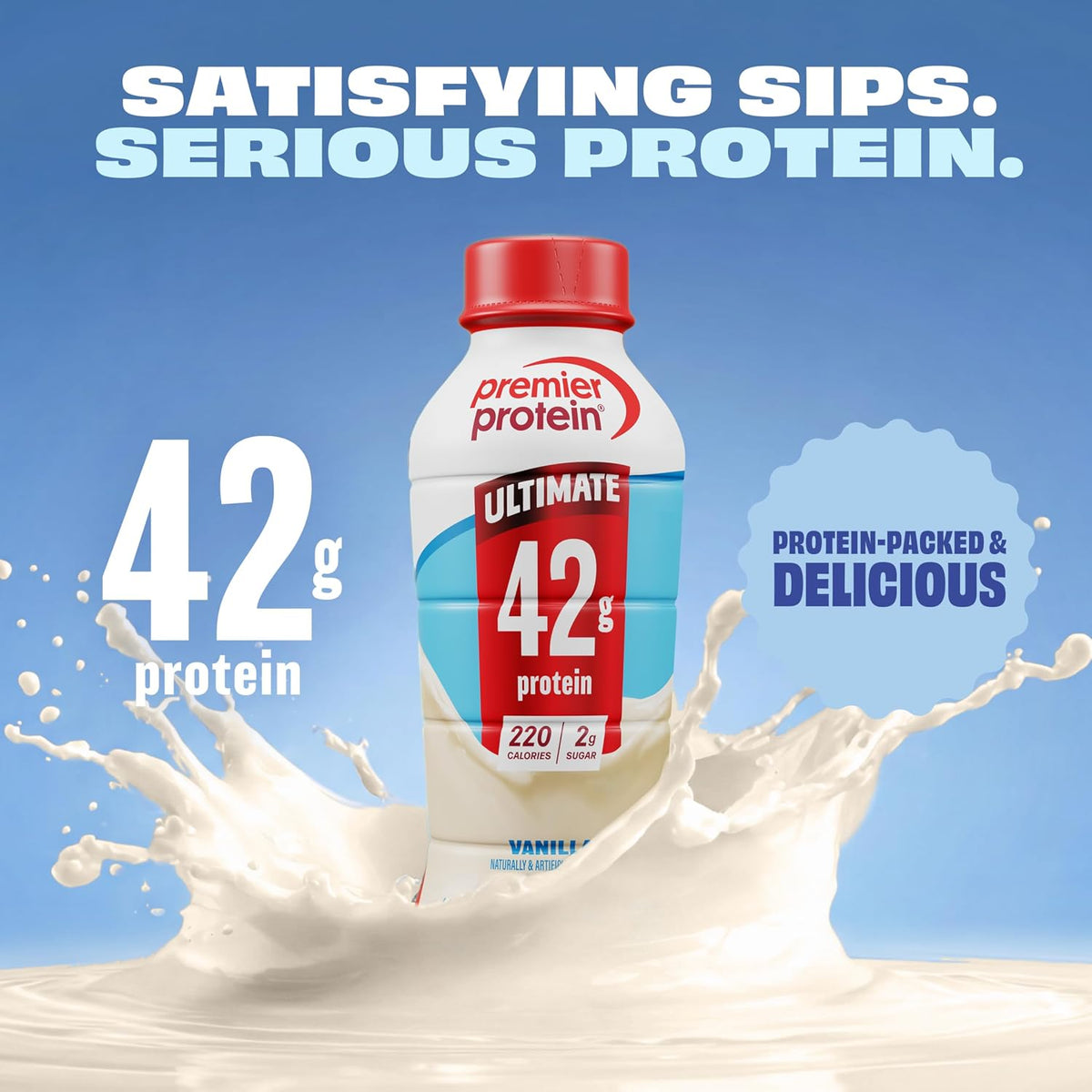 Premier Protein ULTIMATE 42g High Protein Shake, Vanilla, 12 Pack | 220 Calories, 2g Sugar, 24 Vitamins & Minerals, Supports Muscle Health, Gluten-Free, Protein Snack, 14 oz