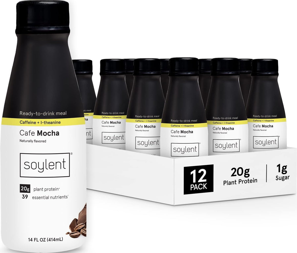 Soylent Original Meal Replacement Shake, Ready-to-Drink Plant Based Protein Drink, Contains 20g Complete Vegan Protein and 1g Sugar, 14oz, 12 Pack