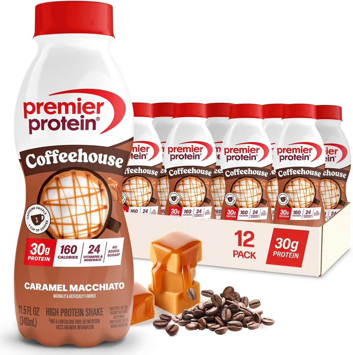 Premier Protein COFFEEHOUSE 30g Protein Shake, Caramel Macchiato, 12 Pack | Caffeinated Energy Beverage, 160 Calories, 24 Vitamins & Minerals, No Added Sugar, Muscle Support, Gluten-Free, 11.5 oz