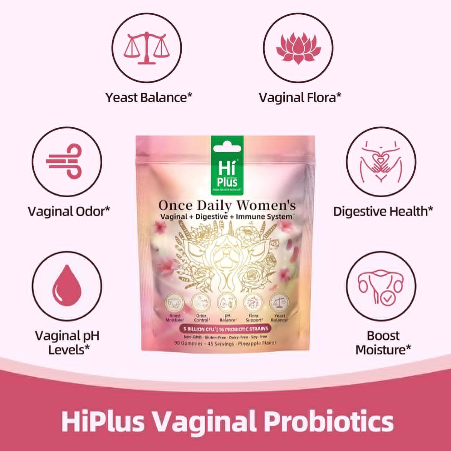 Once Daily Women's Probiotics Gummies | 50 Billion CFU, 16 Strains | Supports Vaginal Health, pH Balance, Digestive, & Immune System | Non-GMO, Gluten-Free | 90 Count (45 Servings)