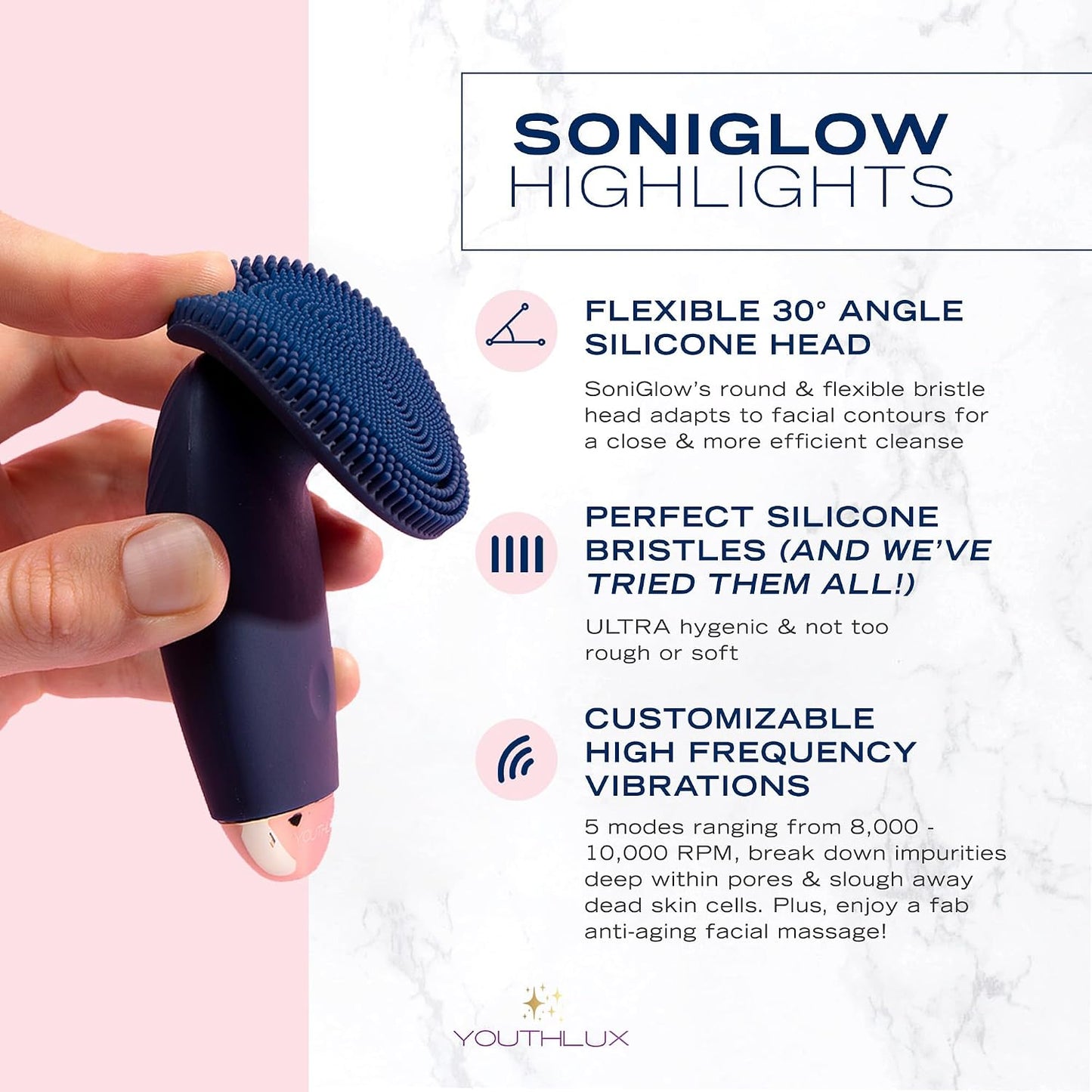 SoniGlow Silicone Face Scrubber/Facial Cleansing Brush – Electric Vibrating Skincare Scrubber Tool for Deep Pore Cleansing, Gentle Massage, Makeup Removal, Waterproof and Rechargeable (Navy)