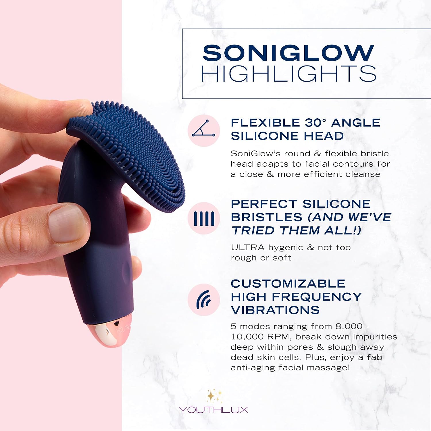 SoniGlow Silicone Face Scrubber/Facial Cleansing Brush – Electric Vibrating Skincare Scrubber Tool for Deep Pore Cleansing, Gentle Massage, Makeup Removal, Waterproof and Rechargeable (Navy)