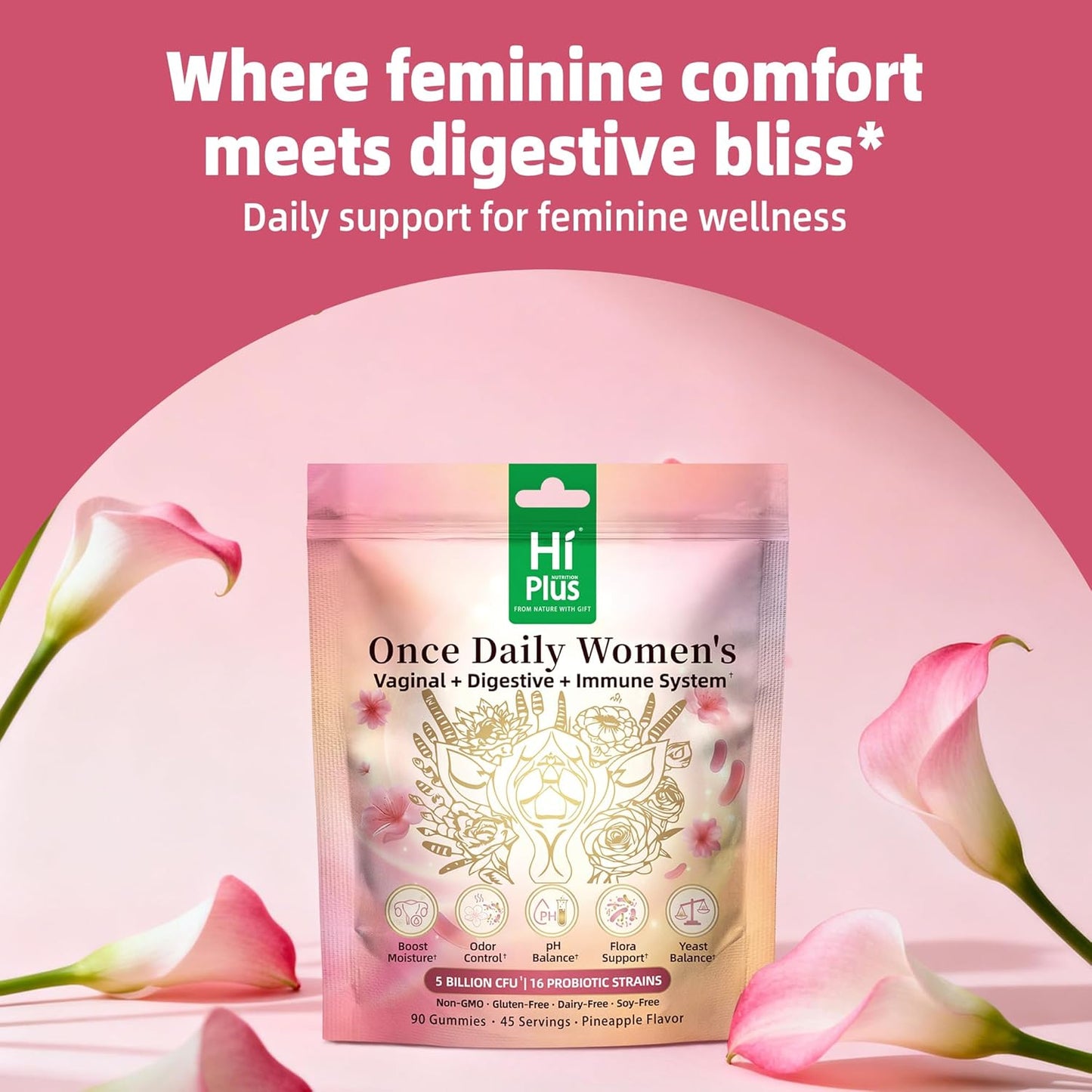 Once Daily Women's Probiotics Gummies | 50 Billion CFU, 16 Strains | Supports Vaginal Health, pH Balance, Digestive, & Immune System | Non-GMO, Gluten-Free | 90 Count (45 Servings)