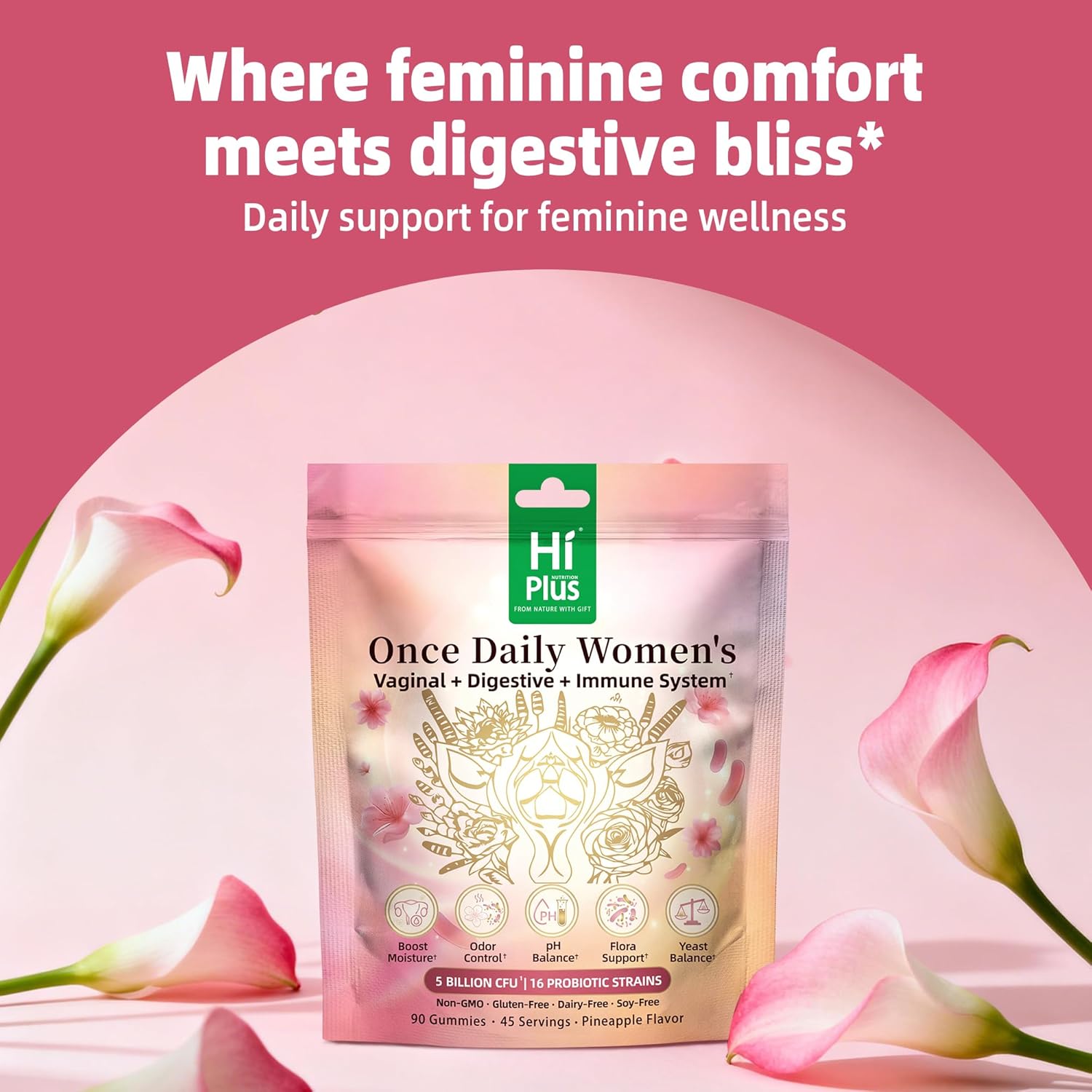 Once Daily Women's Probiotics Gummies | 50 Billion CFU, 16 Strains | Supports Vaginal Health, pH Balance, Digestive, & Immune System | Non-GMO, Gluten-Free | 90 Count (45 Servings)