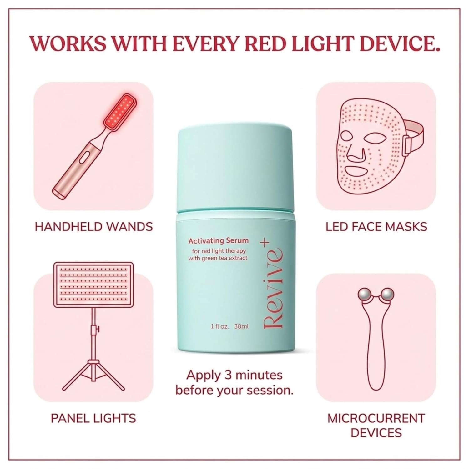Red Light Therapy Serum for Face — Activation Serum to Amplify Red Light Therapy & Microcurrent Facial Device Results | Green Tea + Hyaluronic Acid + Aloe | Hydrating Anti-Wrinkle Face Serum, 1oz