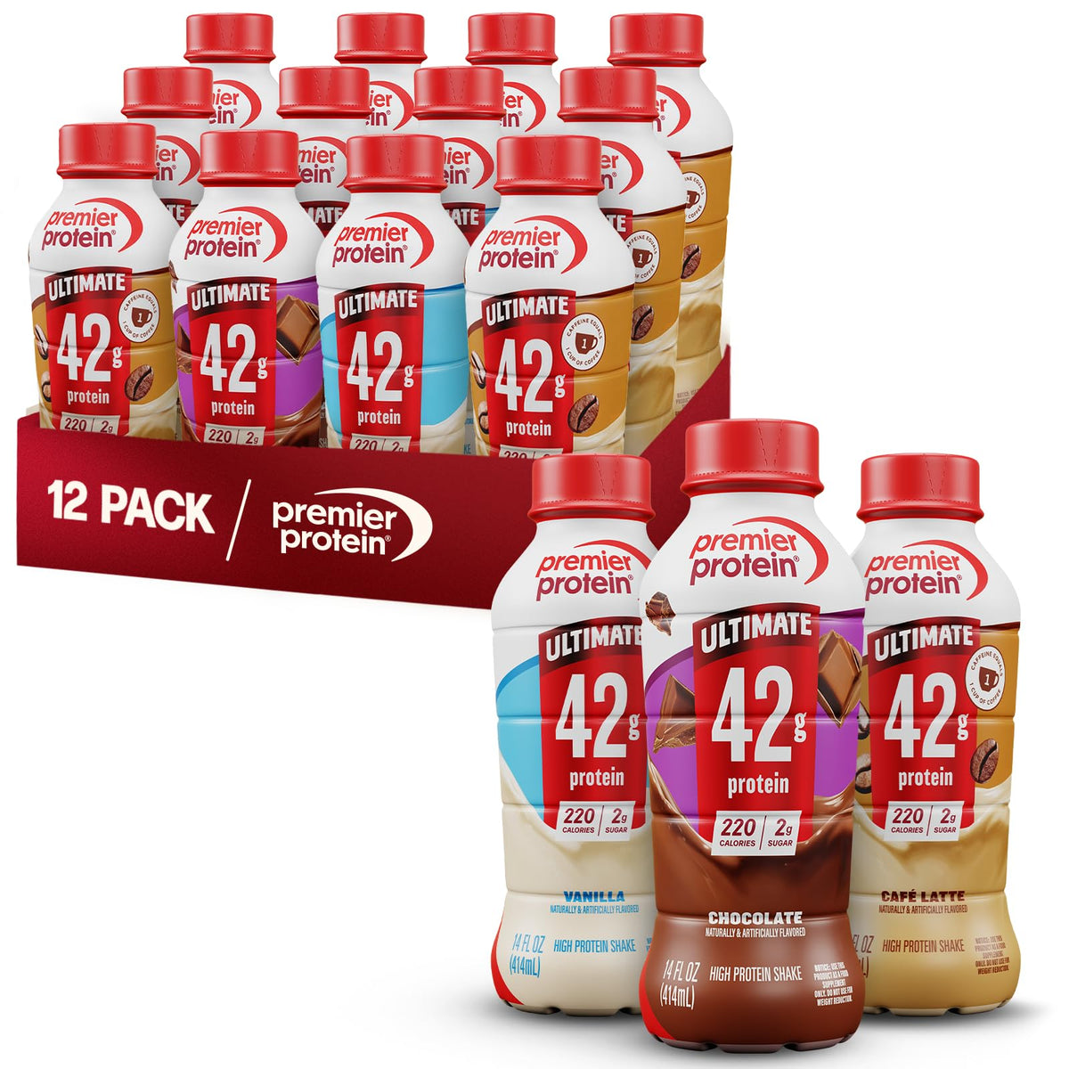 Premier Protein ULTIMATE 42g High Protein Shake, Vanilla, 12 Pack | 220 Calories, 2g Sugar, 24 Vitamins & Minerals, Supports Muscle Health, Gluten-Free, Protein Snack, 14 oz