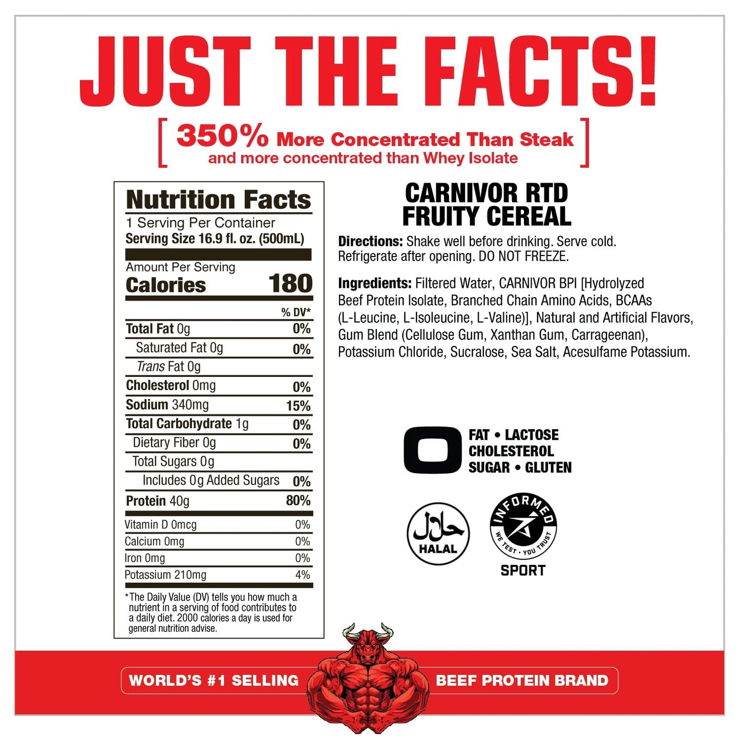 MuscleMeds Carnivor RTD, Ready to Drink Protein, Lactose Free, Sugar Free, 40g Isolate Protein, Muscle Building, Recovery, Halal Certified, Fruity Cereal, 16.9 Fl Oz (Pack of 12)