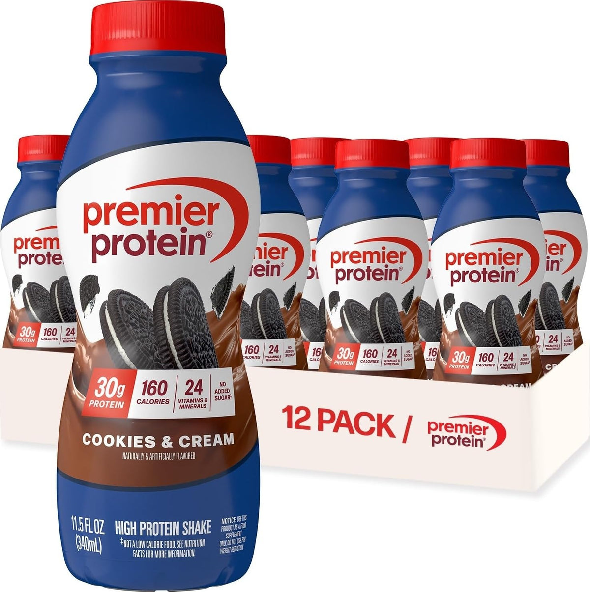 Premier Protein 30g High Protein Shake, Cookies & Cream, 12 Pack | 160 Calories, 24 Vitamins & Minerals, No Added Sugar, Supports Muscle Health, Gluten-Free, 11.5 oz