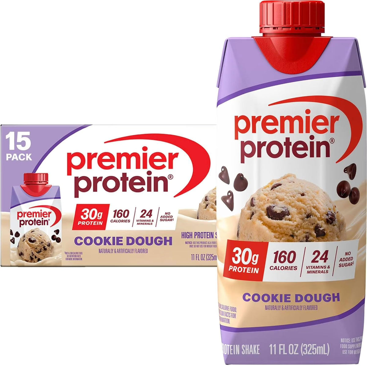 Premier Protein Shake, Cookie Dough, 30g Protein 1g Sugar 24 Vitamins Minerals Nutrients to Support Immune Health, 11 fl oz (Pack of 18)