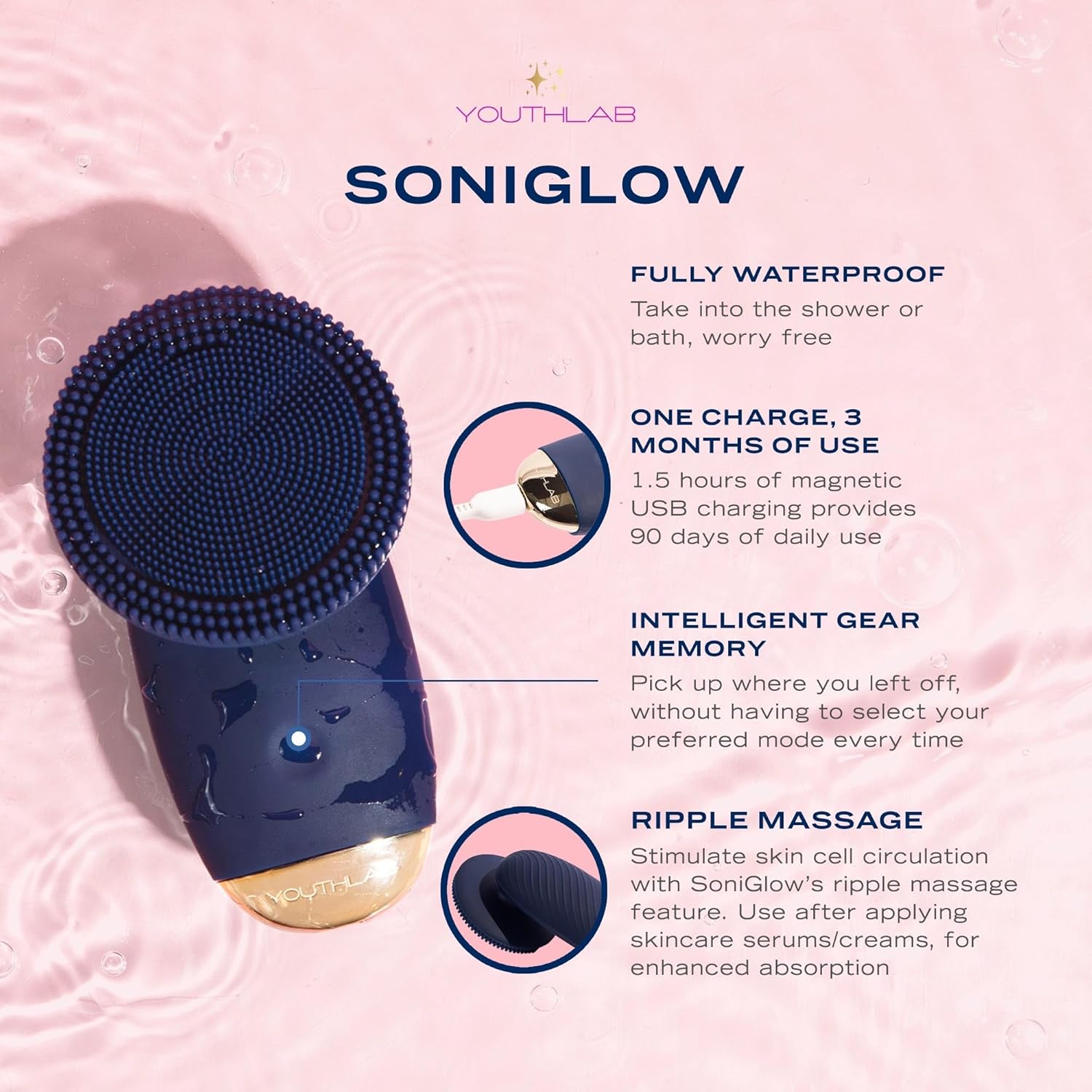 SoniGlow Silicone Face Scrubber/Facial Cleansing Brush – Electric Vibrating Skincare Scrubber Tool for Deep Pore Cleansing, Gentle Massage, Makeup Removal, Waterproof and Rechargeable (Navy)