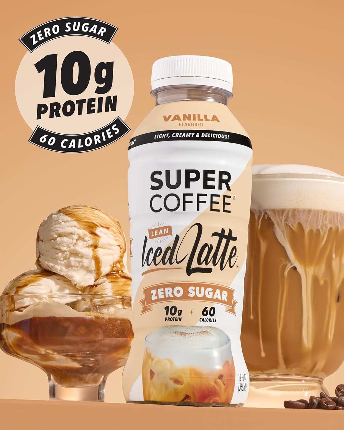 Super Coffee, Ready To Drink Iced Coffee, Vanilla Latte (12 Ounce Bottles, Pack of 12) - Low Net Carbs, No Added Sugar, Keto Friendly, 10g of Protein, Low Calorie, Protein Coffee