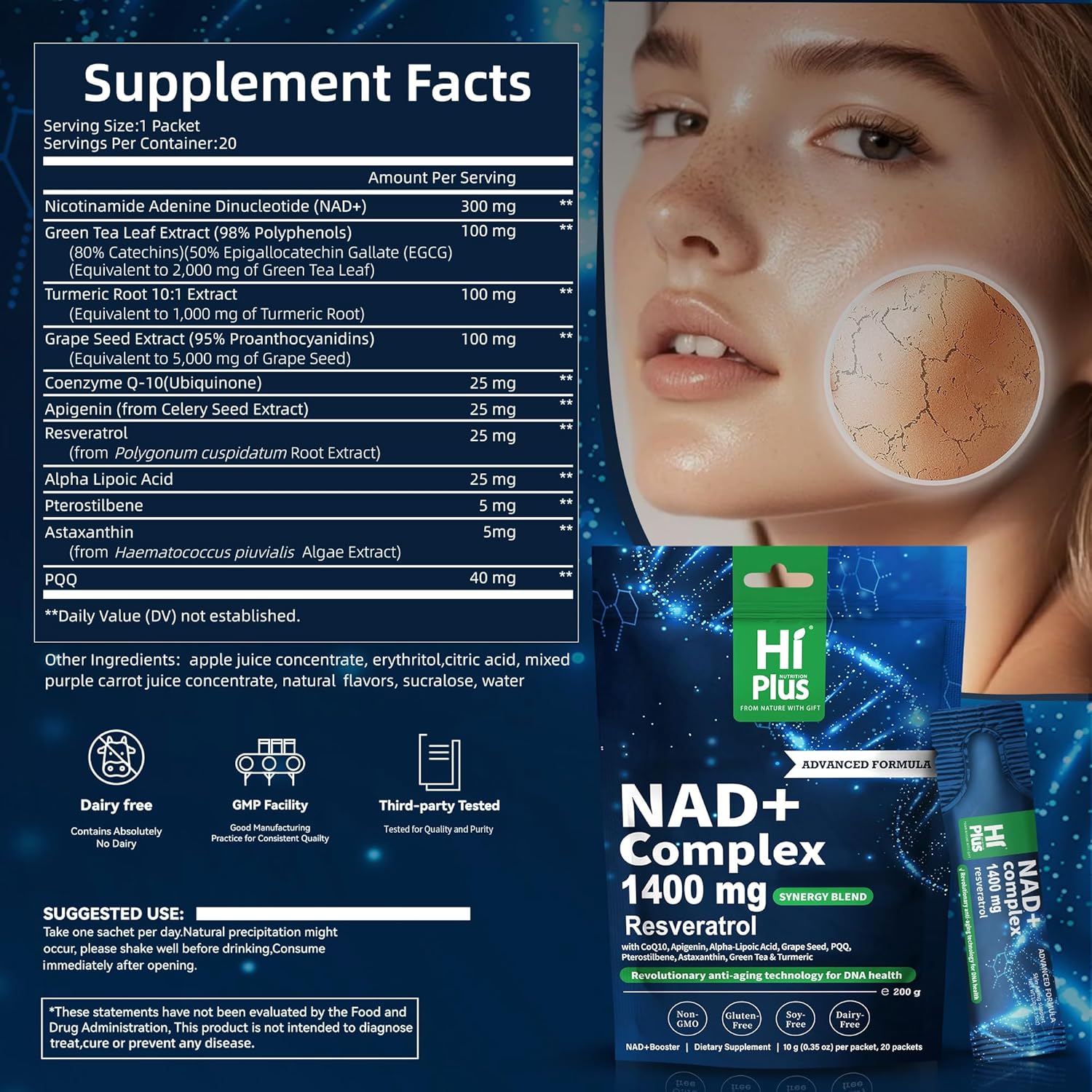 1400mg NAD+ Liquid Supplement for Anti Aging and Cell Regeneration, Premium Alternative Liposomal, Nicotinamide Riboside with Resveratrol, PQQ & CoQ10 - Advanced Cellular Energy, 20 Pack
