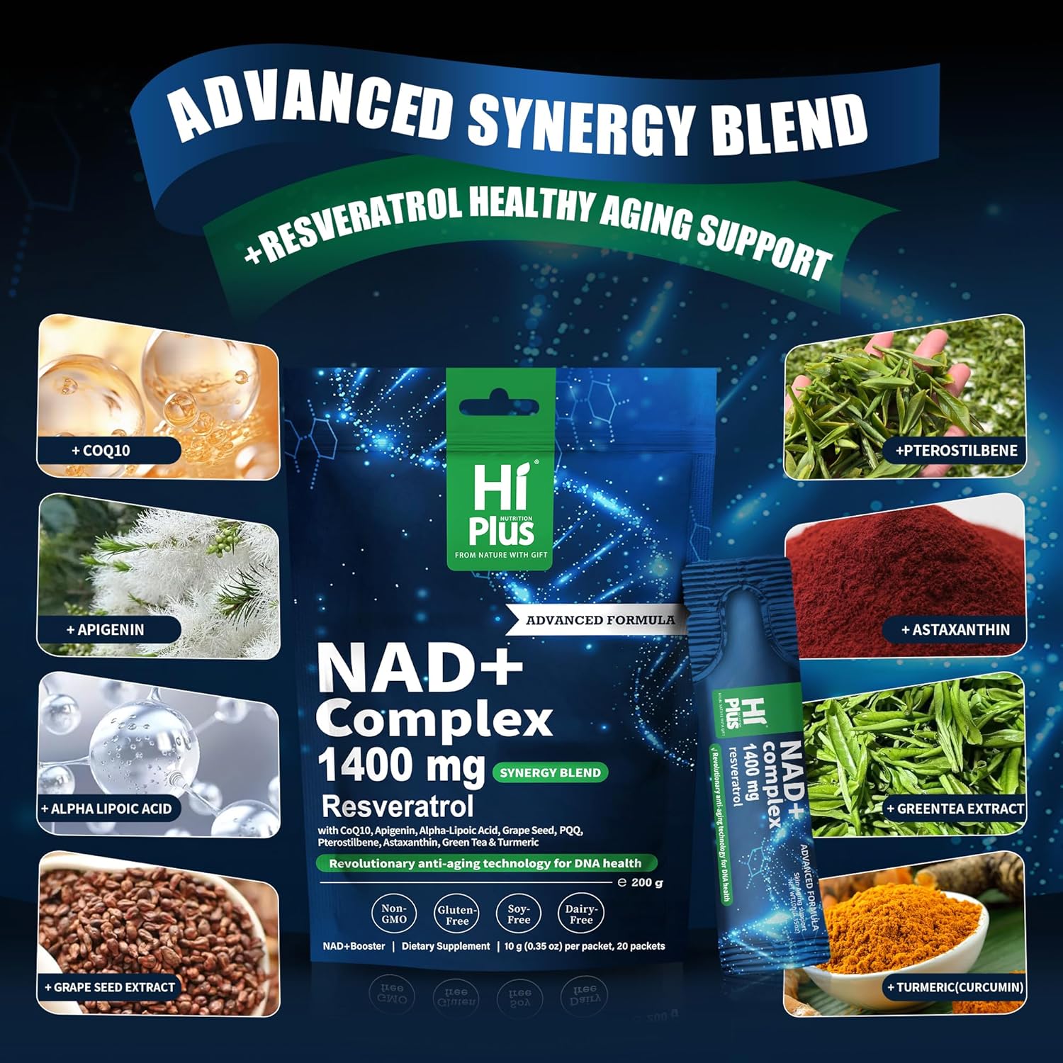 1400mg NAD+ Liquid Supplement for Anti Aging and Cell Regeneration, Premium Alternative Liposomal, Nicotinamide Riboside with Resveratrol, PQQ & CoQ10 - Advanced Cellular Energy, 20 Pack