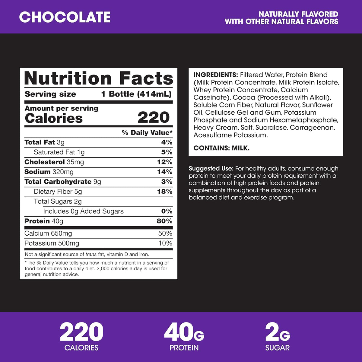 Optimum Nutrition 40g Protein Shake, Chocolate, 14 Fl Oz, 12 Ct | Naturally Flavored, On The Go Complete Protein Drink, Supports Muscle Recovery, 40g of Protein per Serving, Gluten Free
