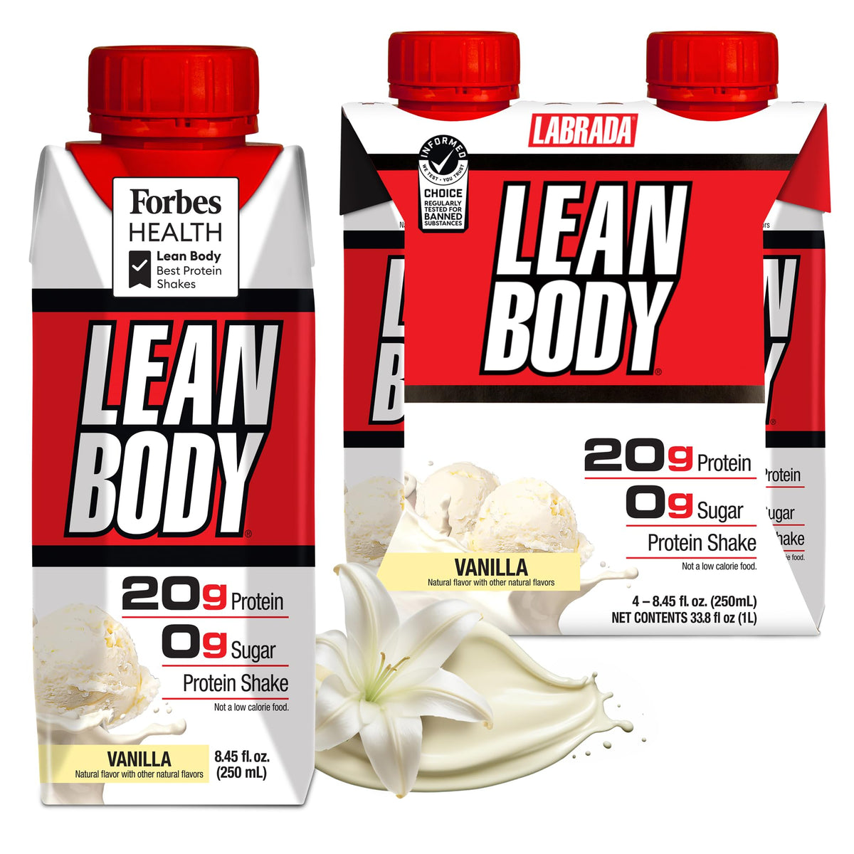 LABRADA Nutrition - Lean Body RTD Whey Protein Shake, Convenient On-The-Go Meal Replacement Shake for Men & Women, 20 Grams of Protein – Zero Sugar, Lactose & Gluten Free, Vanilla (Pack of 16)