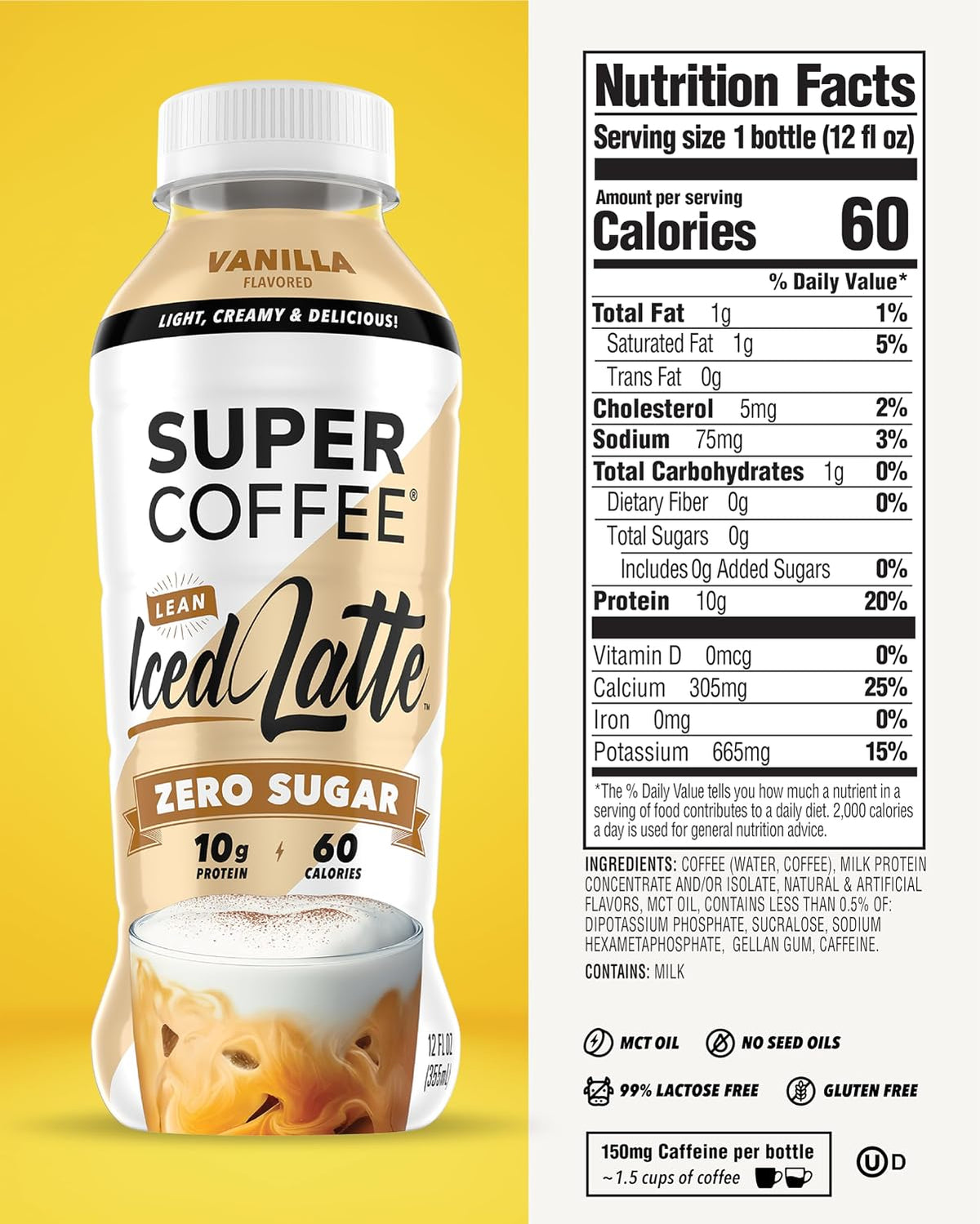 Super Coffee, Ready To Drink Iced Coffee, Vanilla Latte (12 Ounce Bottles, Pack of 12) - Low Net Carbs, No Added Sugar, Keto Friendly, 10g of Protein, Low Calorie, Protein Coffee
