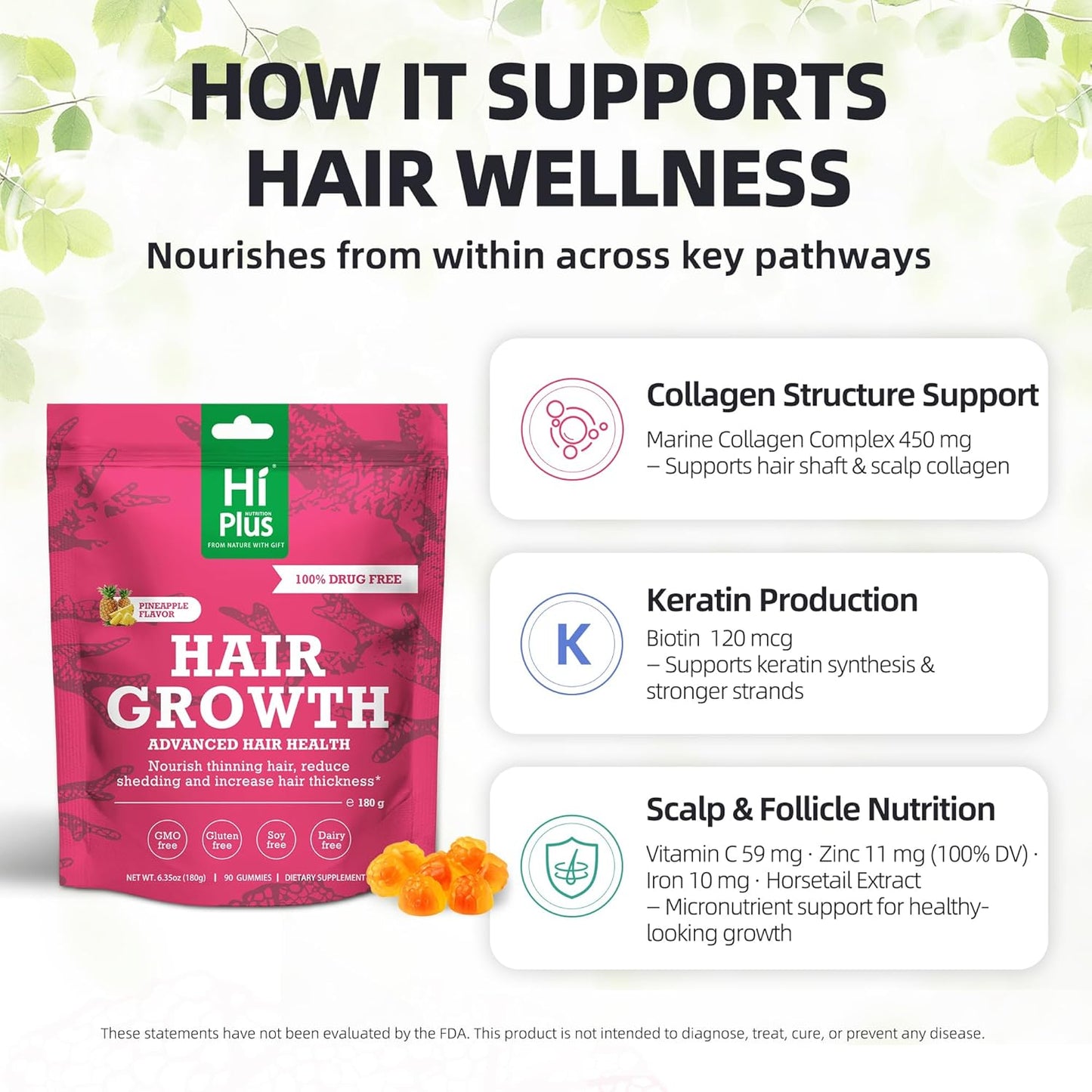 Hair Growth Gummies for Men and Women, Hair Growth Vitamins with Biotin, Collagen, Vitamin C, Iron & Zinc, Supports Thicker-Looking, Stronger Hair, Pineapple Flavor, 90 Gummies, 45 Day Supply