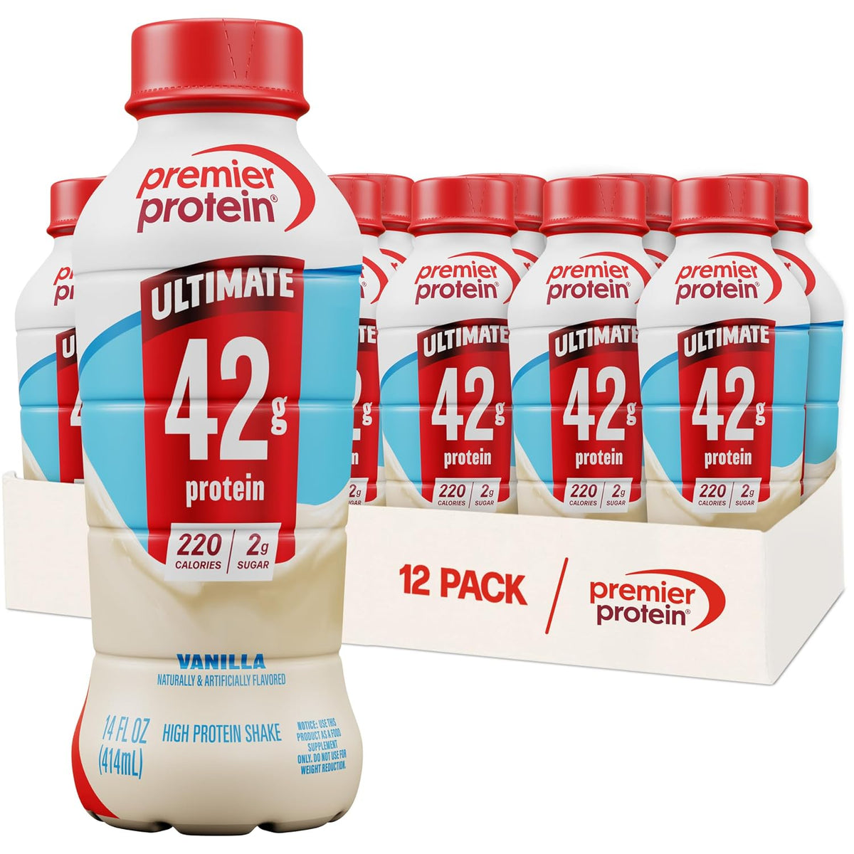 Premier Protein ULTIMATE 42g High Protein Shake, Vanilla, 12 Pack | 220 Calories, 2g Sugar, 24 Vitamins & Minerals, Supports Muscle Health, Gluten-Free, Protein Snack, 14 oz