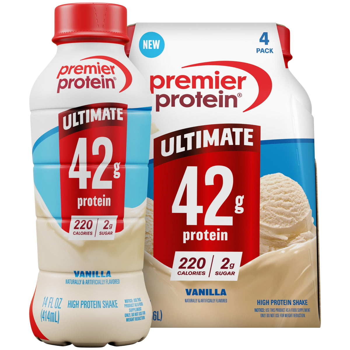 Premier Protein ULTIMATE 42g High Protein Shake, Vanilla, 12 Pack | 220 Calories, 2g Sugar, 24 Vitamins & Minerals, Supports Muscle Health, Gluten-Free, Protein Snack, 14 oz