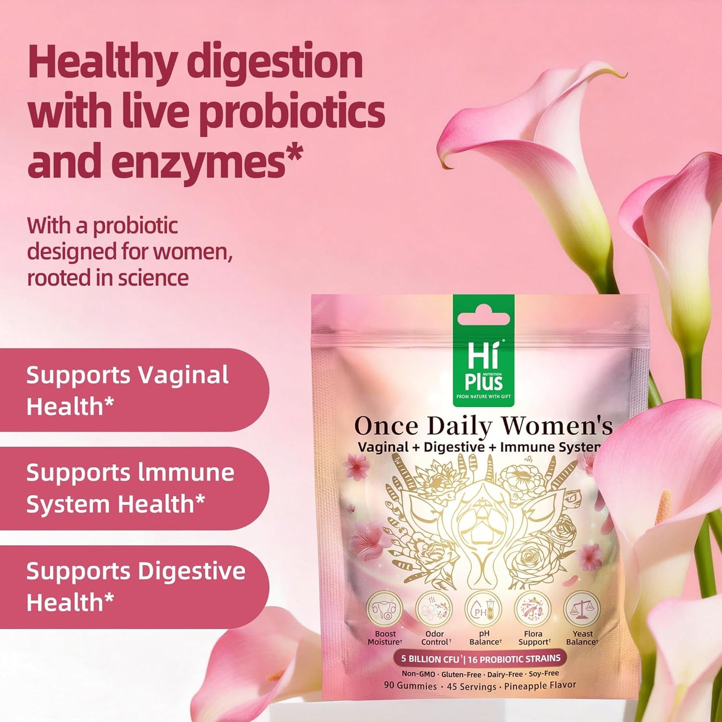 Once Daily Women's Probiotics Gummies | 50 Billion CFU, 16 Strains | Supports Vaginal Health, pH Balance, Digestive, & Immune System | Non-GMO, Gluten-Free | 90 Count (45 Servings)