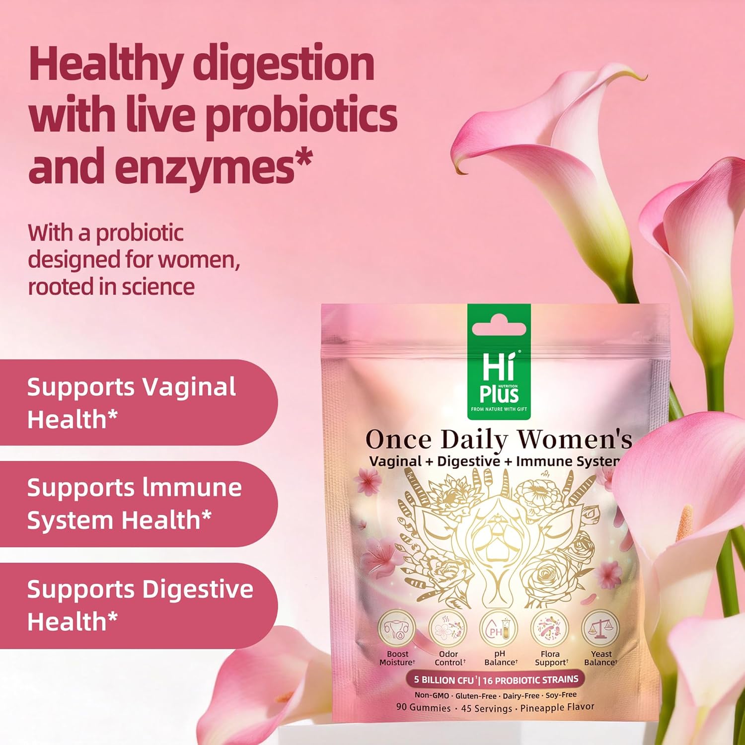 Once Daily Women's Probiotics Gummies | 50 Billion CFU, 16 Strains | Supports Vaginal Health, pH Balance, Digestive, & Immune System | Non-GMO, Gluten-Free | 90 Count (45 Servings)