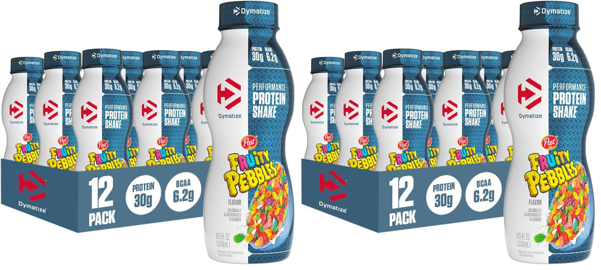 Dymatize Performance Protein Shake, Fruity Pebbles, 30g Protein, 6.2g BCAA for Muscle Recovery, No Added Sugar, Low Fat, 24 Vitamins and Minerals, Gluten-Free, Ready to Drink, On-the-Go Snack, 11.5fl oz, 12 pack