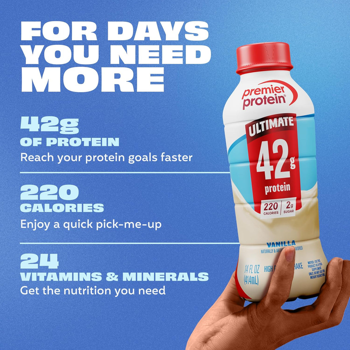 Premier Protein ULTIMATE 42g High Protein Shake, Vanilla, 12 Pack | 220 Calories, 2g Sugar, 24 Vitamins & Minerals, Supports Muscle Health, Gluten-Free, Protein Snack, 14 oz