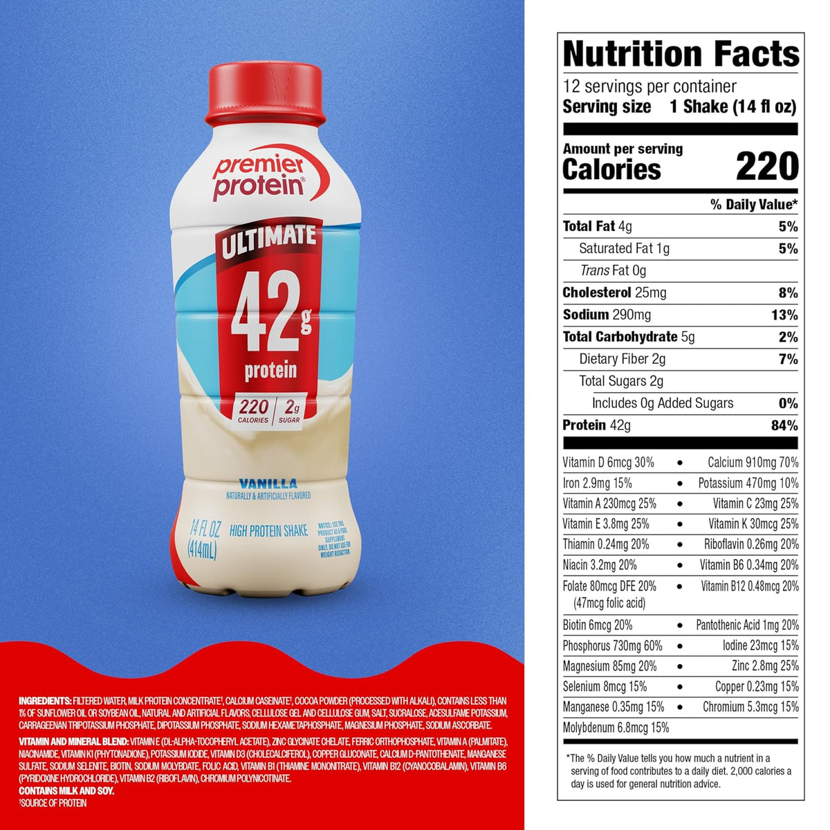 Premier Protein ULTIMATE 42g High Protein Shake, Vanilla, 12 Pack | 220 Calories, 2g Sugar, 24 Vitamins & Minerals, Supports Muscle Health, Gluten-Free, Protein Snack, 14 oz