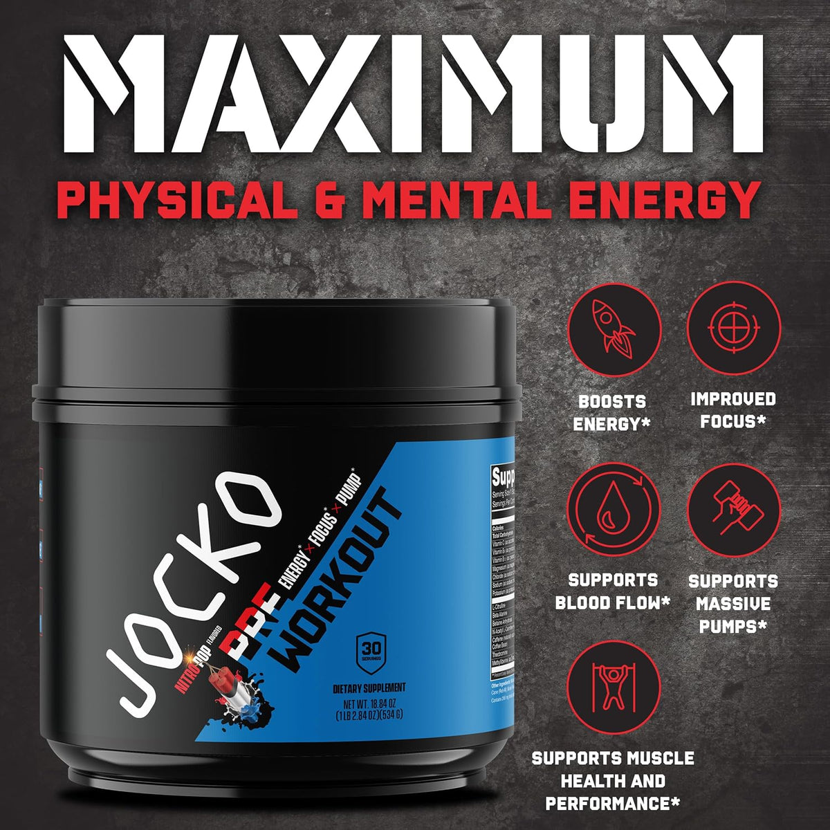 Jocko Fuel High Stim Pre Workout Powder, Nitro Pop | 30 Servings